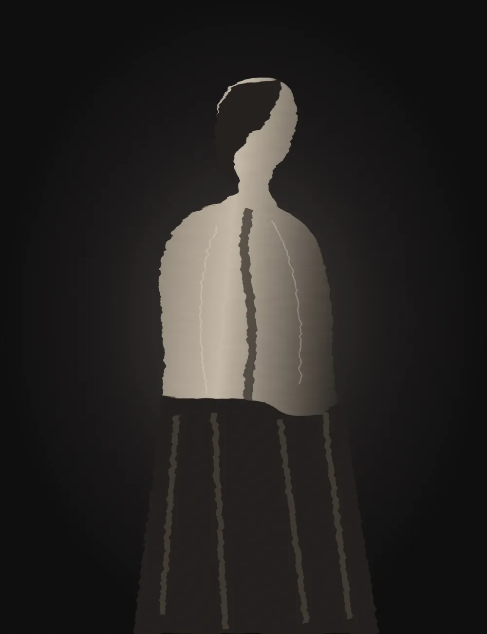 An atmospheric placeholder ink study: a clothed figure turned away, gently emerging from darkness.