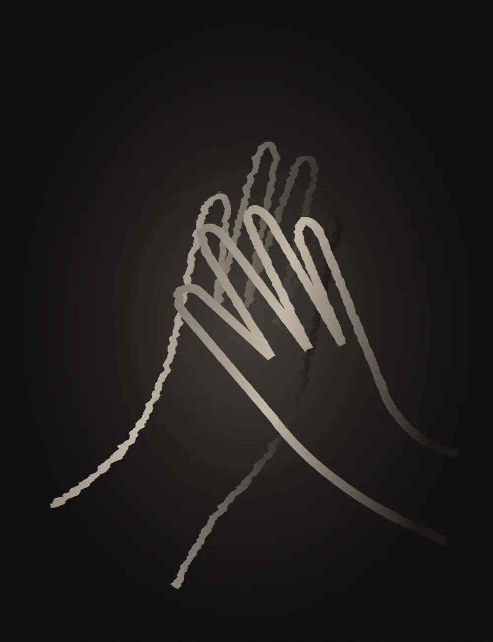 Placeholder ink contours of two resting hands, illuminated against a near-black canvas.